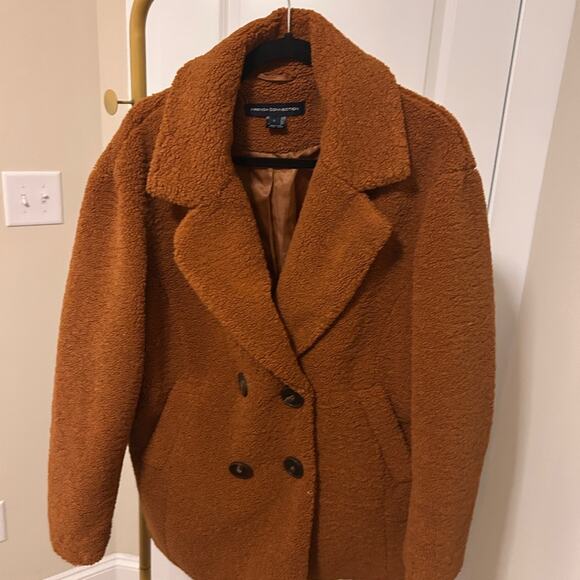 French Connection Camel Teddy Coat | Faux Shearling Double-Breasted Jacket - Picture 3 of 7